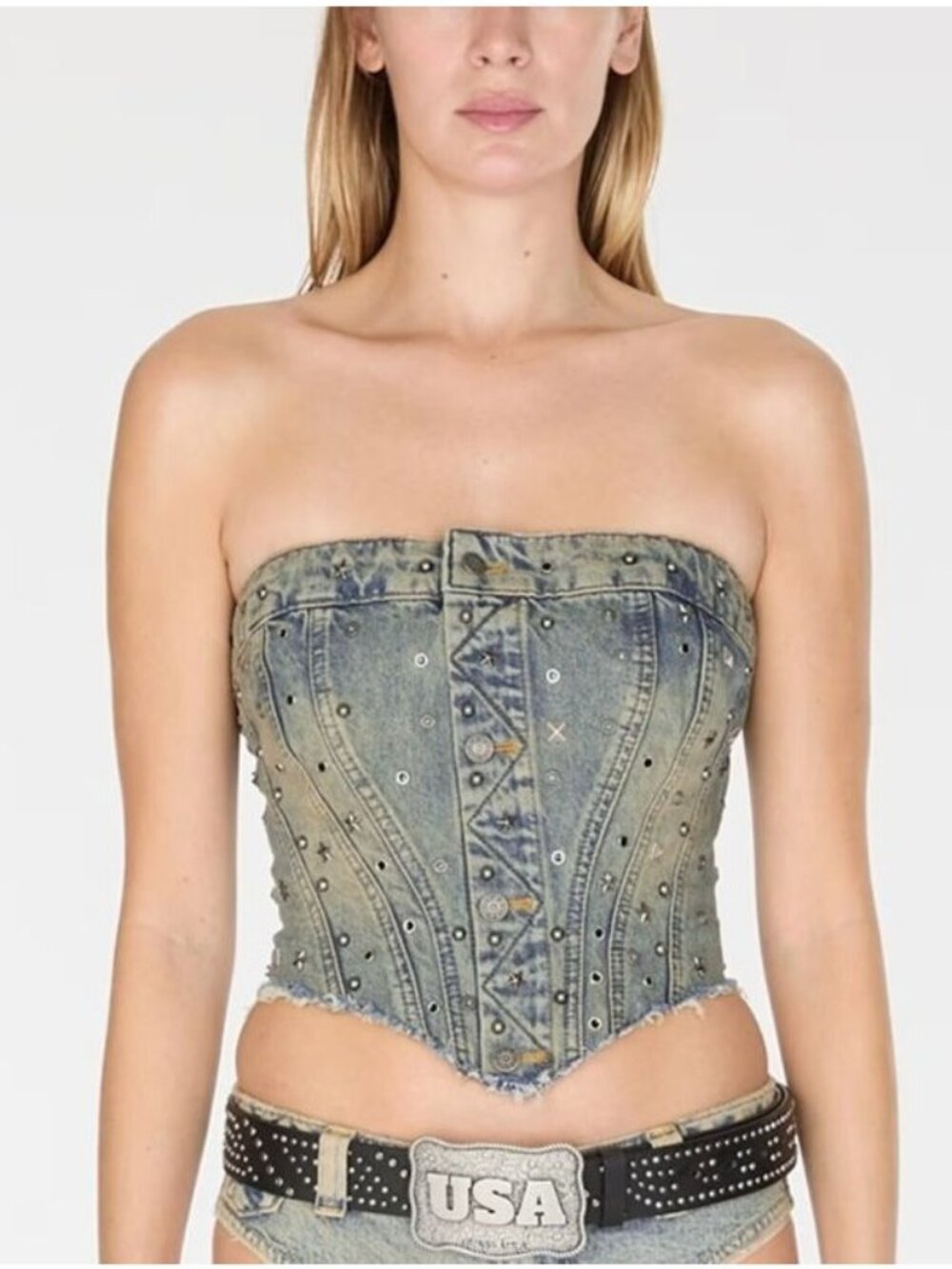 GUESS USA Silver Stud Embellished Gusa‎ Indigo Brown Tint Denim Corset Large